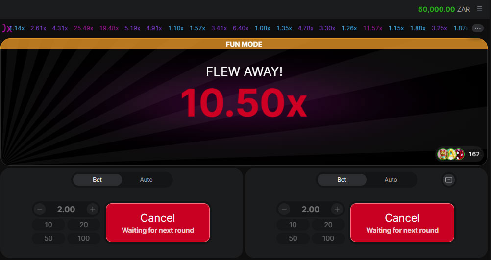 As soon as the round starts, the multiplier begins increasing from 1x while the plane climbs into the sky.